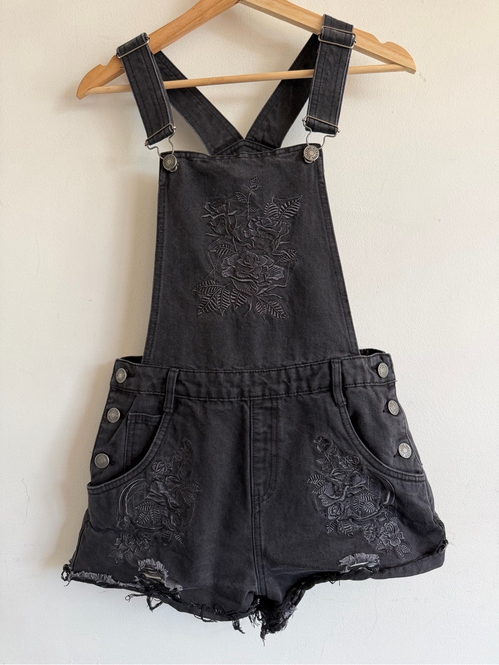 Killstar Black Floral Embroidered Denim Skort Overalls